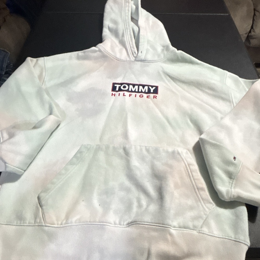 Tommy Hilfiger Denim Men's M White Fleece Pullover Hoodie Graphic Logo Pockets